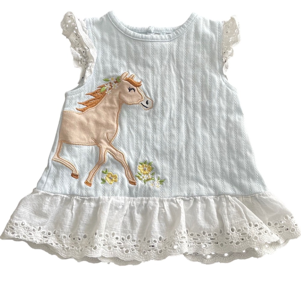 Baby Starters Light Blue‎ Horse Embroidered Ruffle Dress 24 Months